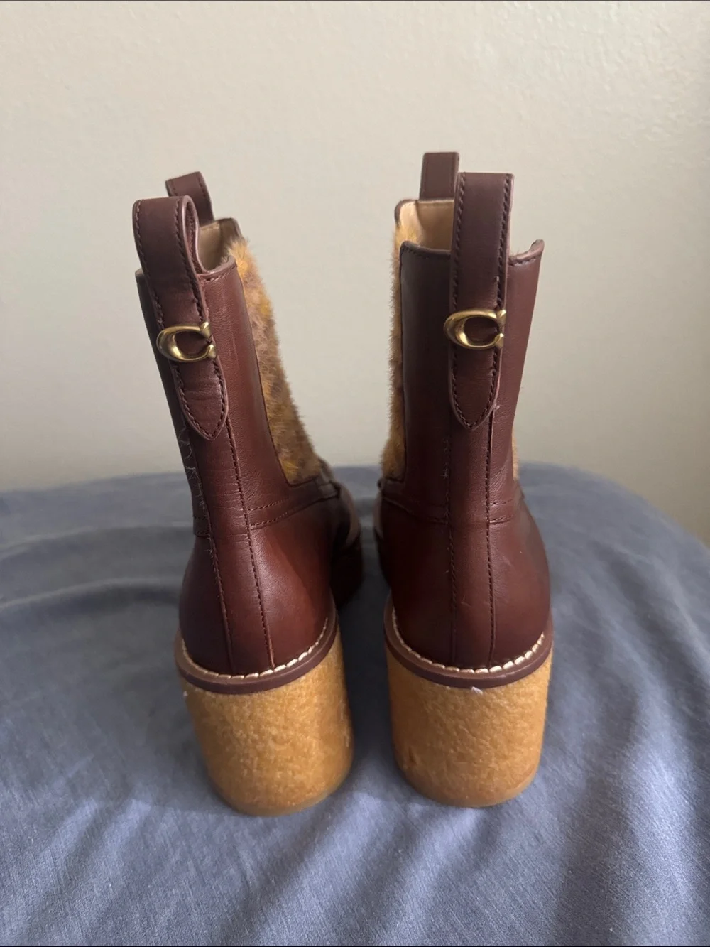 Coach Delaney Chelsea Boots Brown Leather Platform with Knit Panel